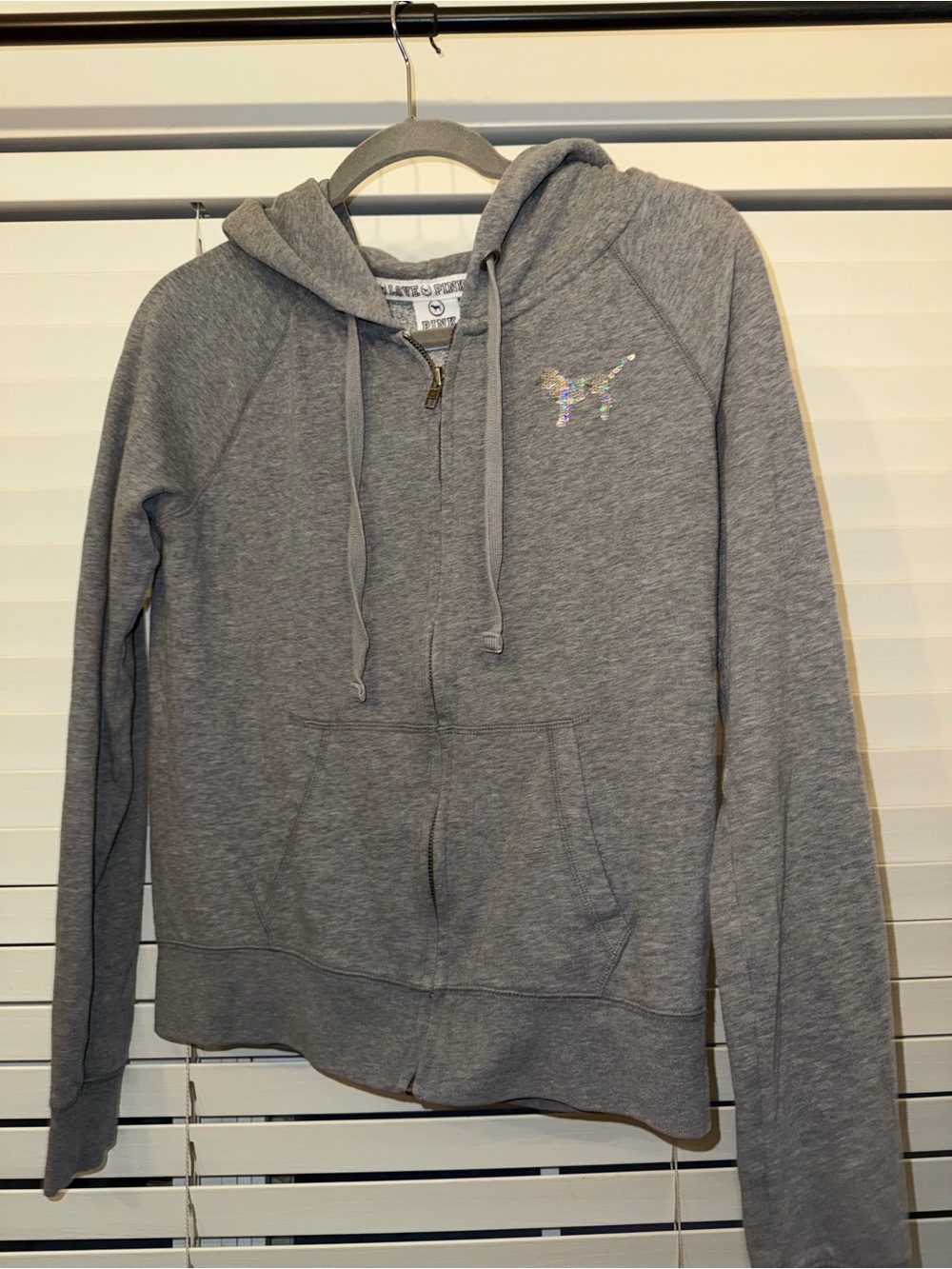 Victoria's Secret Gray Women's Zip-Up Hoodie with Sparkle Dog Logo